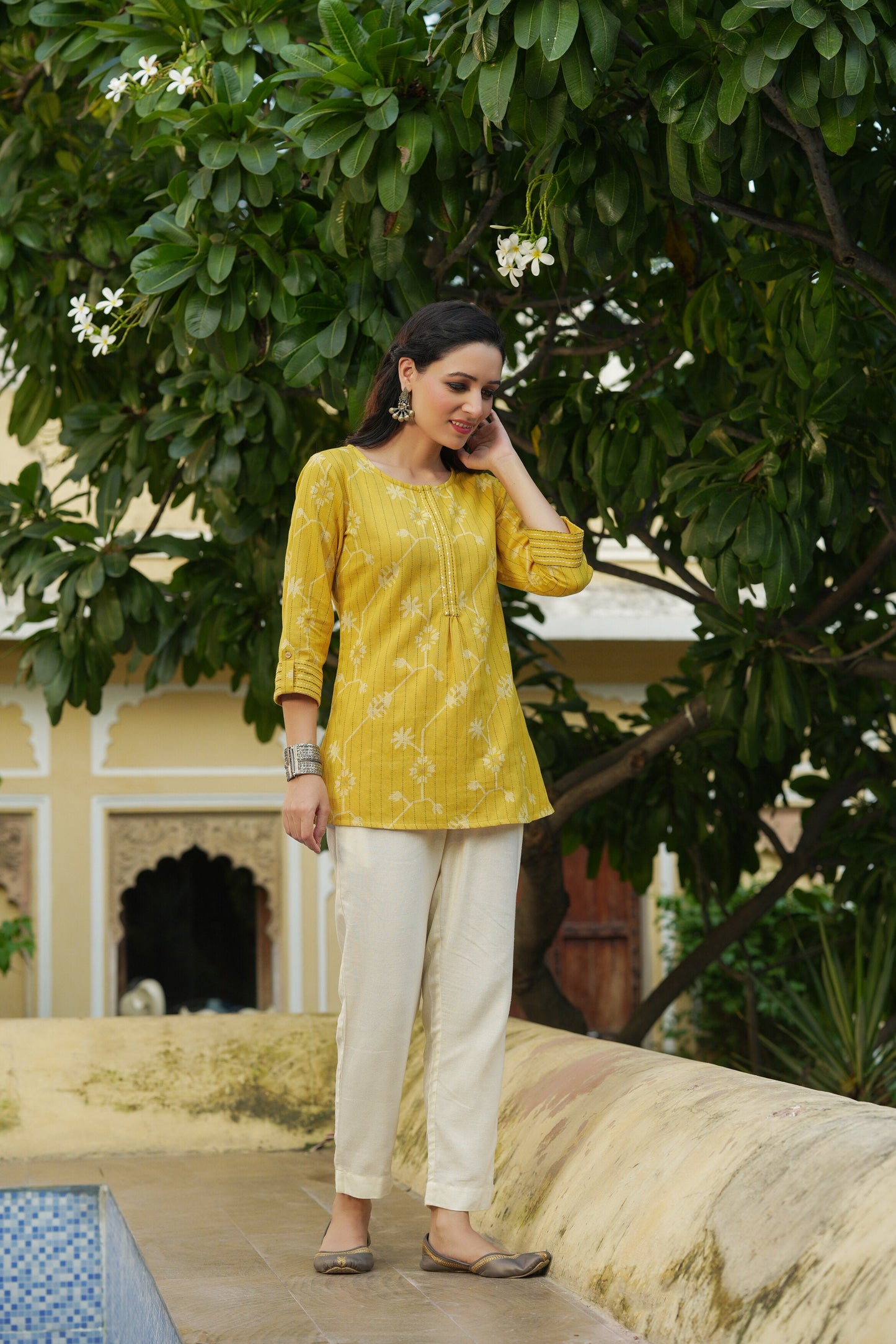 Mustard Cotton Flex Geometric Printed Tunic