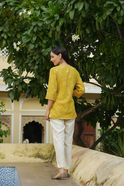 Mustard Cotton Flex Geometric Printed Tunic