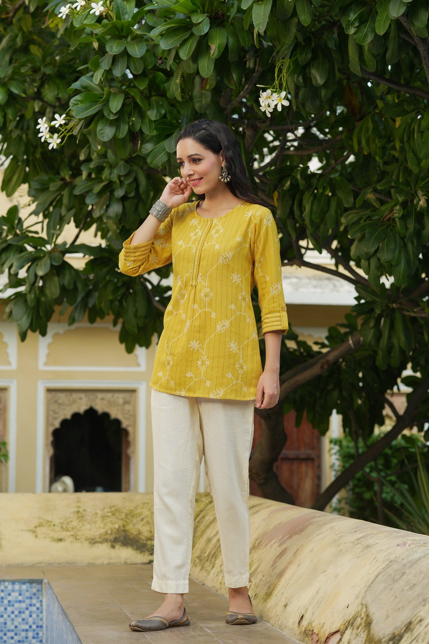 Mustard Cotton Flex Geometric Printed Tunic