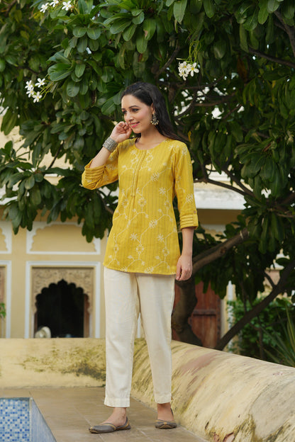 Mustard Cotton Flex Geometric Printed Tunic