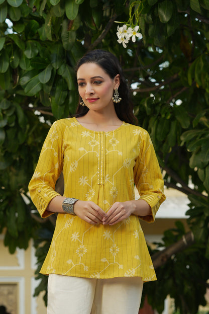 Mustard Cotton Flex Geometric Printed Tunic