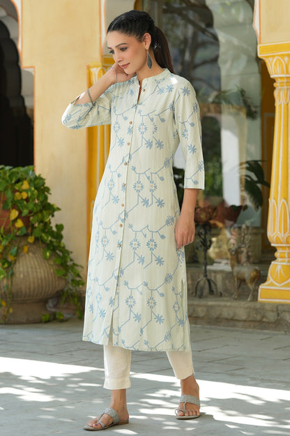 Sky Blue Rayon Staple Printed A-Line Kurta