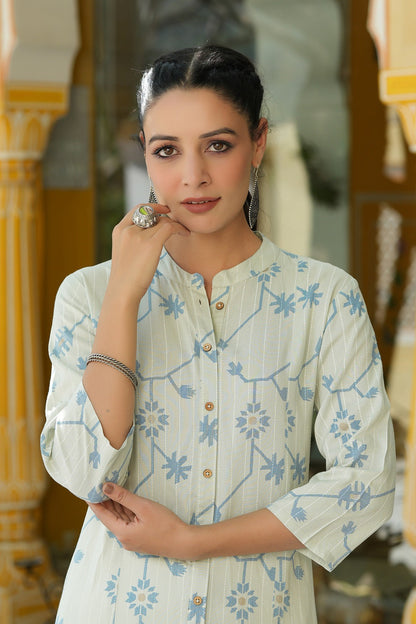 Sky Blue Rayon Staple Printed A-Line Kurta