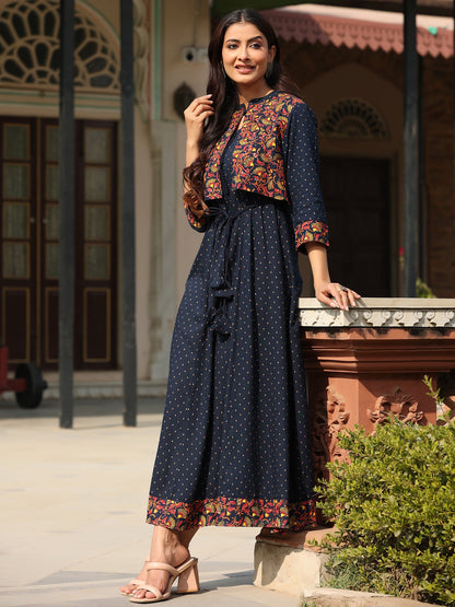 Blue Rayon Festive Printed Flared Dress