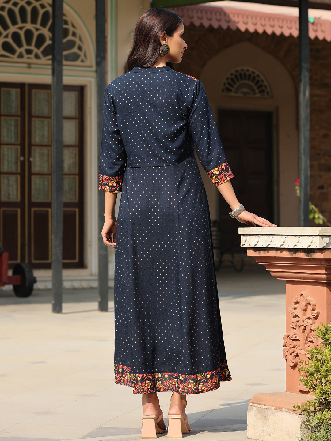 Blue Rayon Festive Printed Flared Dress