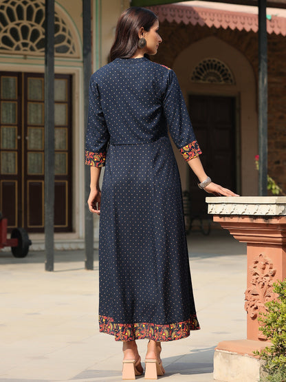 Blue Rayon Festive Printed Flared Dress
