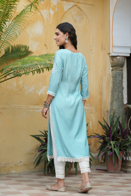 Sky Blue Santoon Printed Straight Kurta