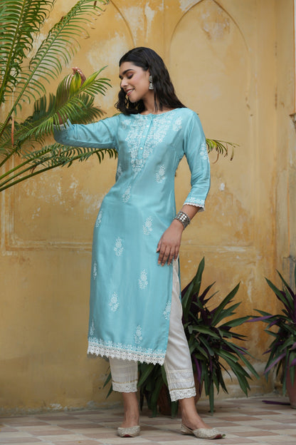 Sky Blue Santoon Printed Straight Kurta