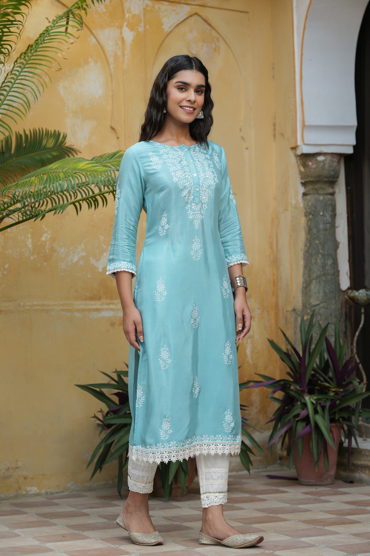 Sky Blue Santoon Printed Straight Kurta