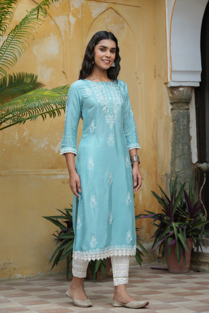 Sky Blue Santoon Printed Straight Kurta