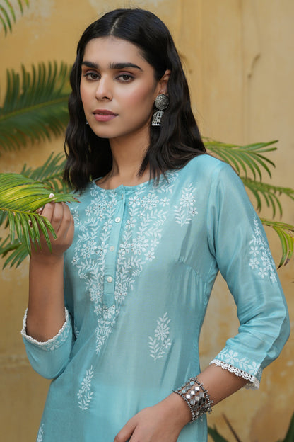 Sky Blue Santoon Printed Straight Kurta
