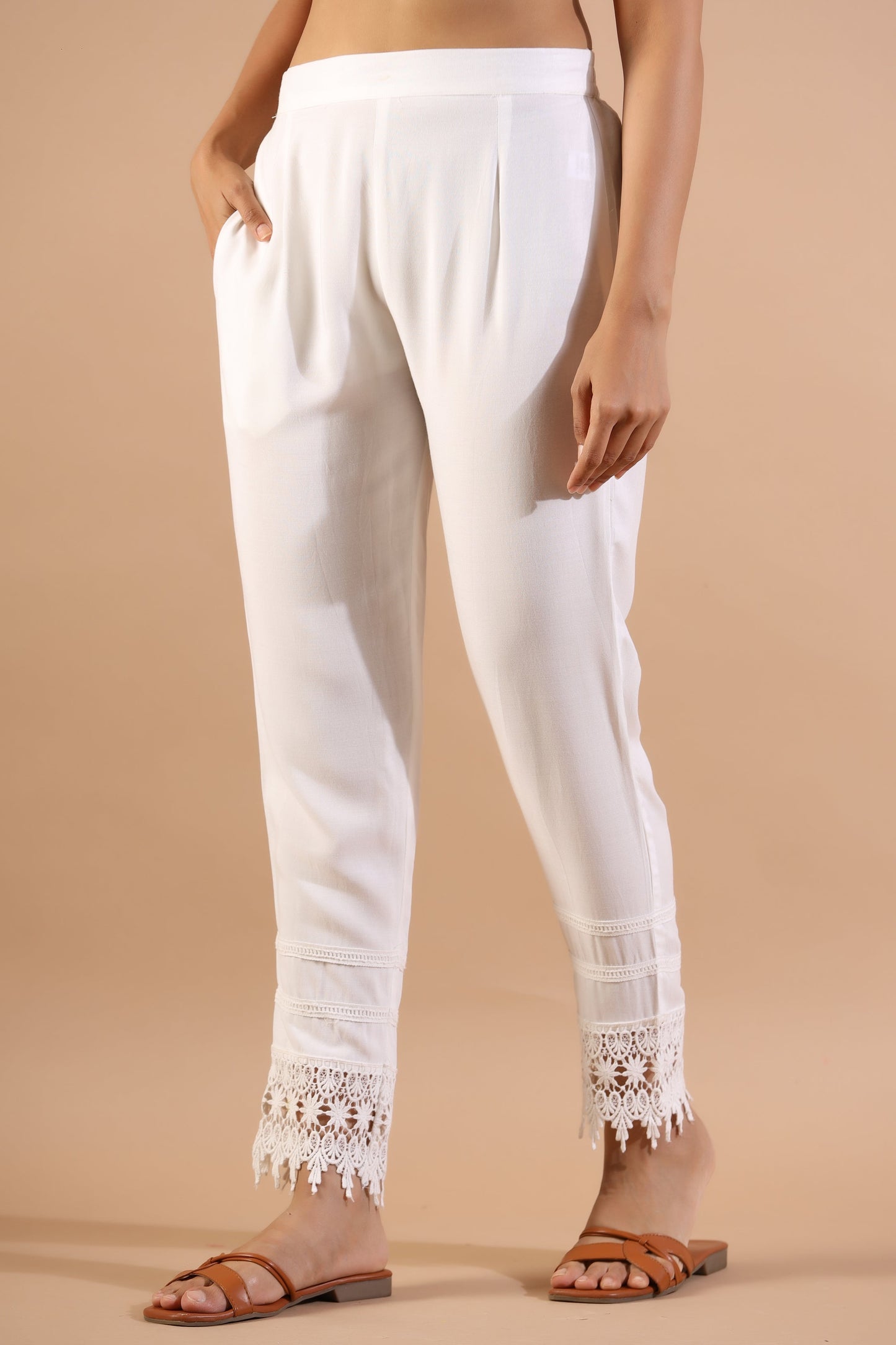 White Rayon Solid Straight Pant
