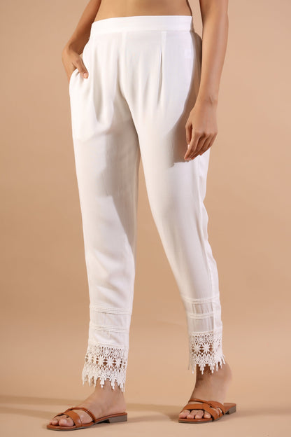 White Rayon Solid Straight Pant