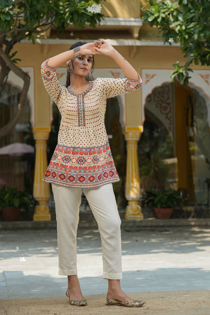 Beige Rayon Printed Embroidery Tunic