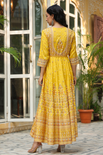 Mustard Viscose Shantoon Festive Printed Flared Dress