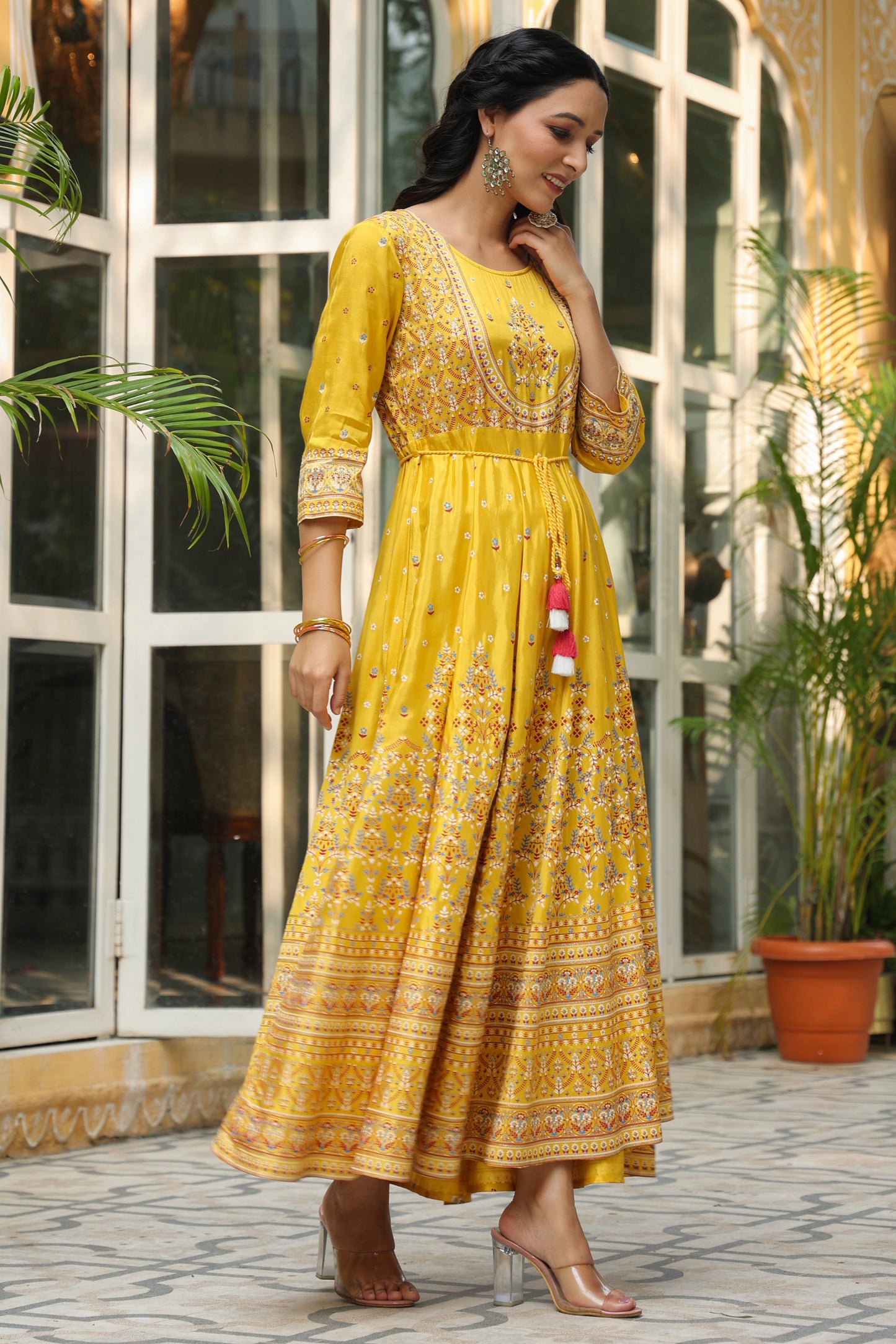 Mustard Viscose Shantoon Festive Printed Flared Dress