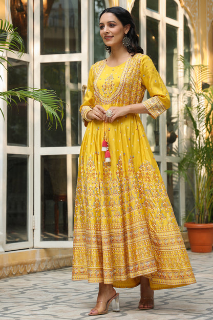 Mustard Viscose Shantoon Festive Printed Flared Dress