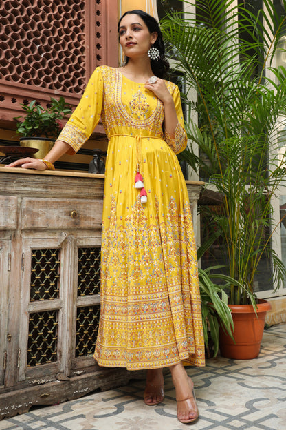 Mustard Viscose Shantoon Festive Printed Flared Dress