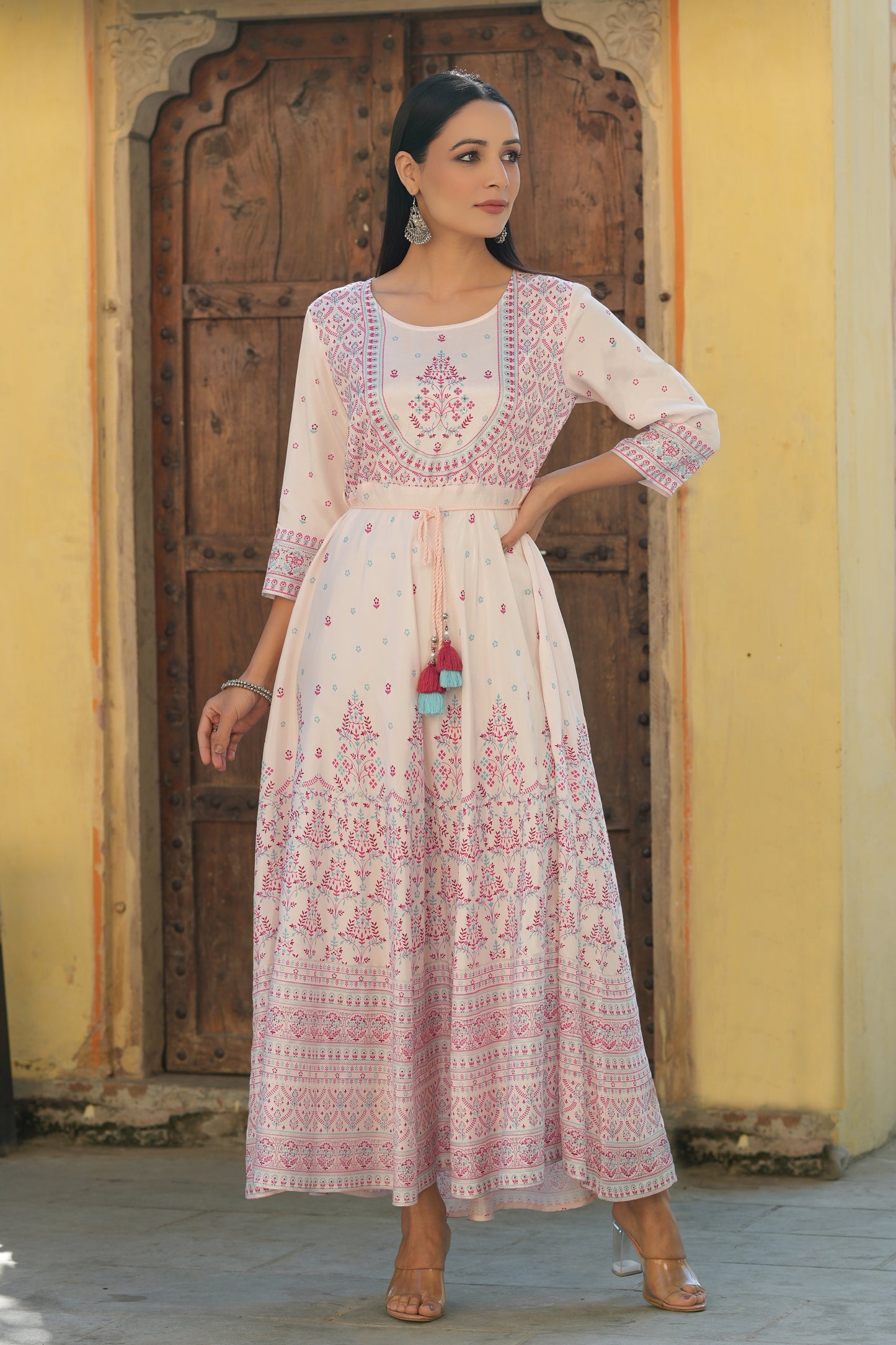 Pink Viscose Shantoon Festive Printed Flared Dress