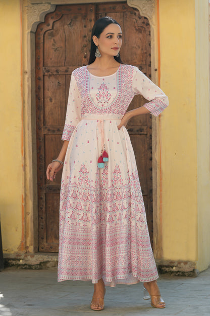 Pink Viscose Shantoon Festive Printed Flared Dress