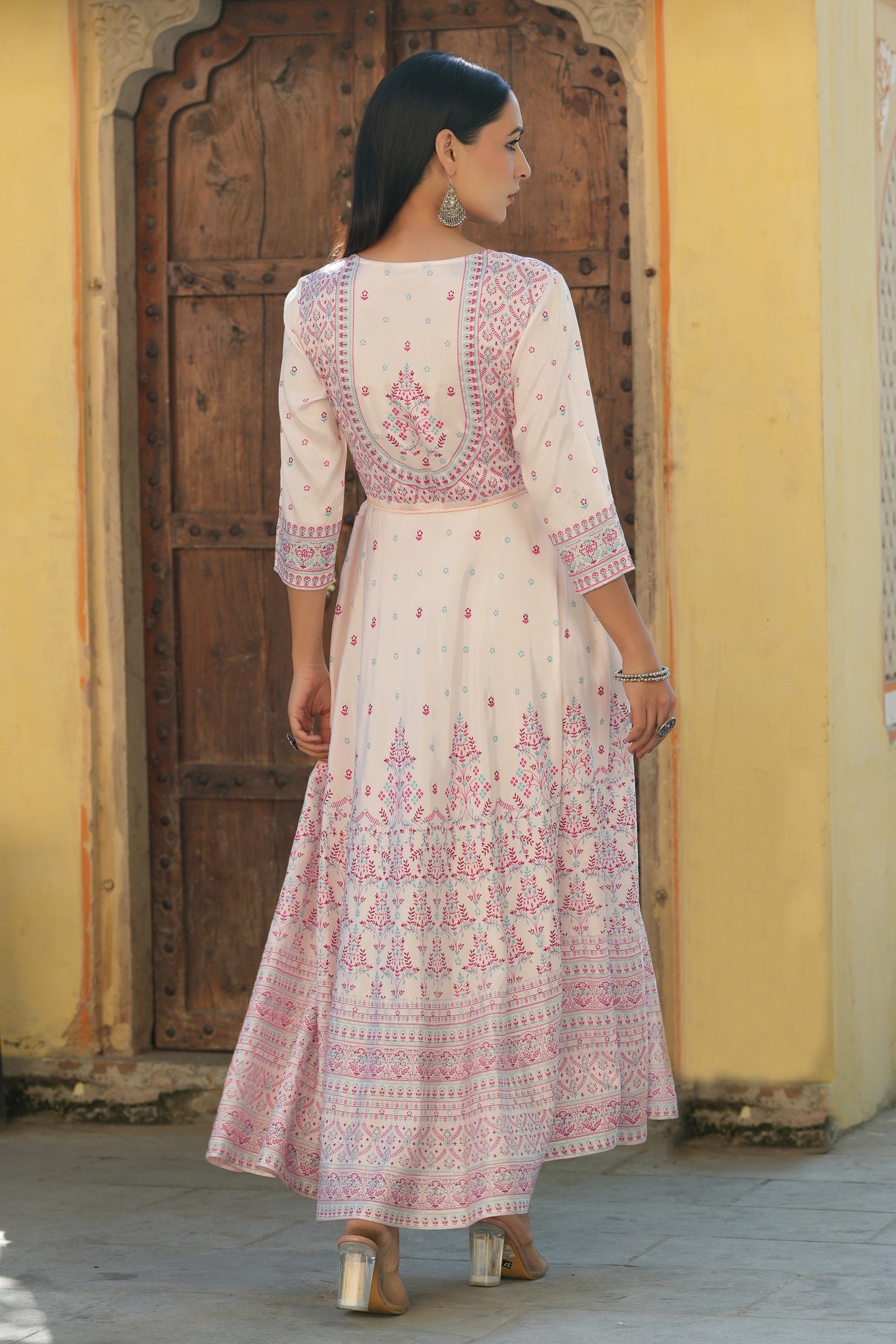 Pink Viscose Shantoon Festive Printed Flared Dress