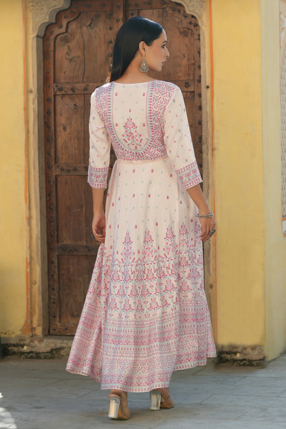 Pink Viscose Shantoon Festive Printed Flared Dress