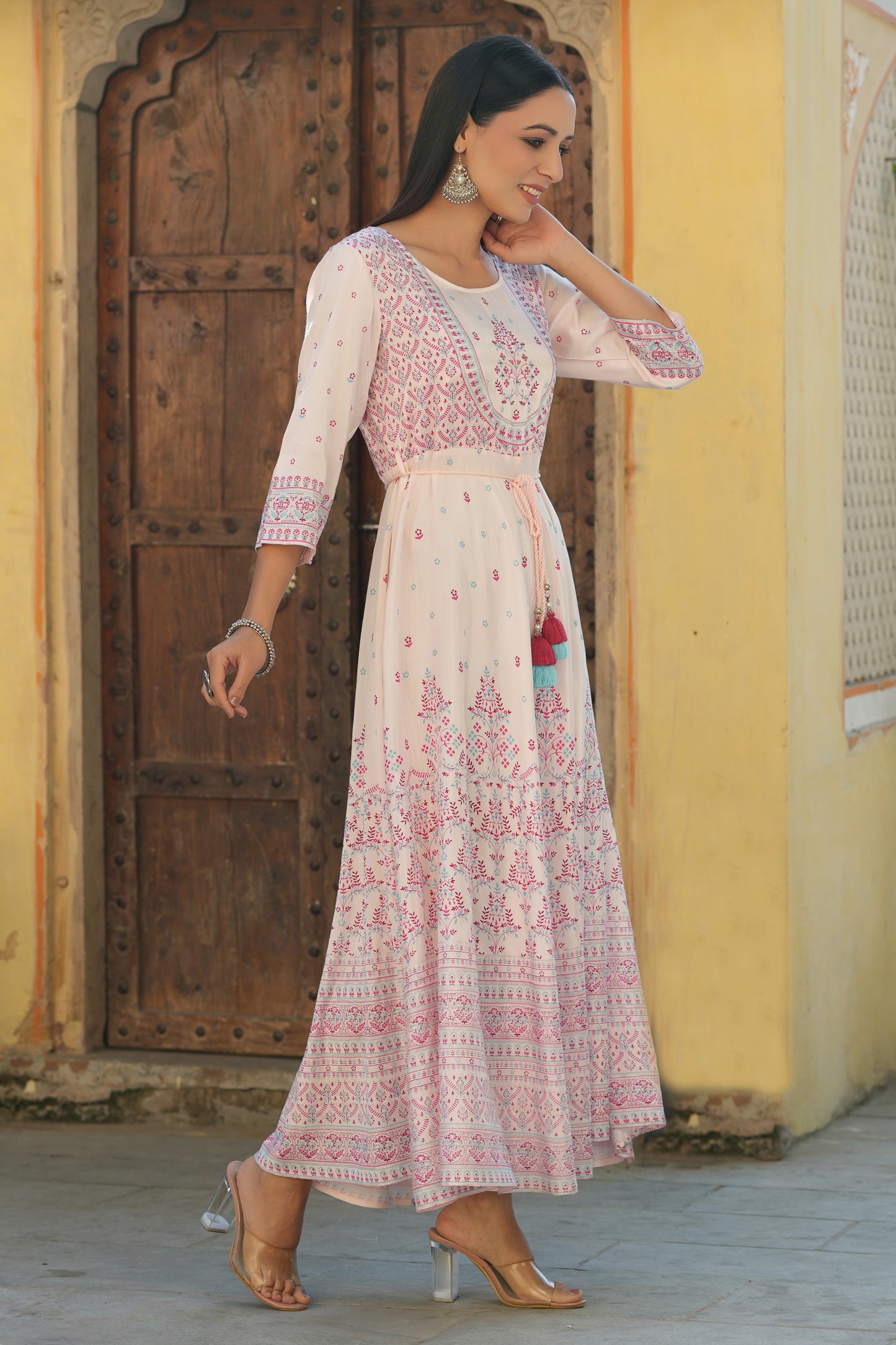 Pink Viscose Shantoon Festive Printed Flared Dress