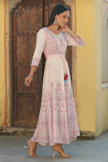 Pink Viscose Shantoon Festive Printed Flared Dress