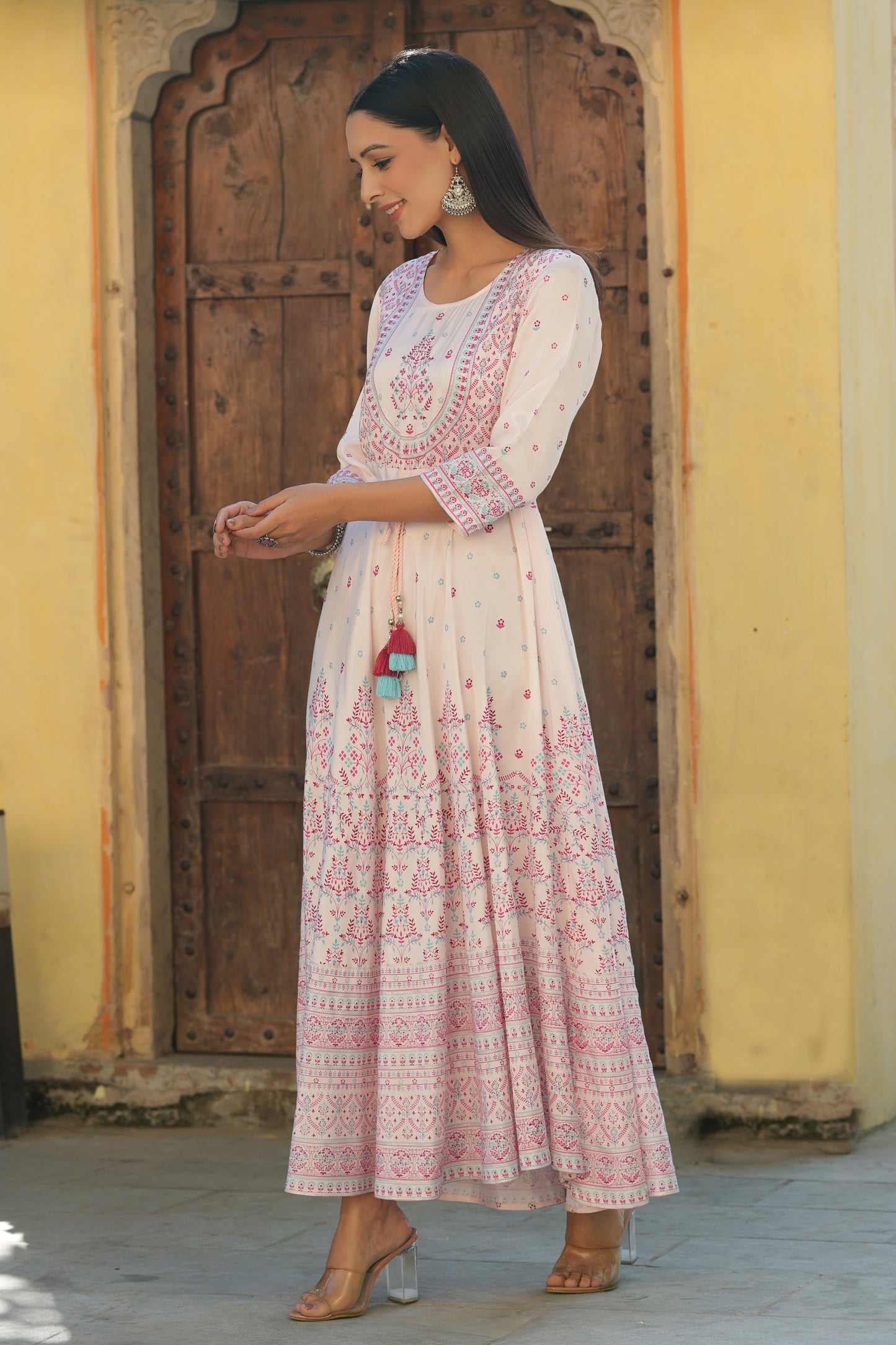 Pink Viscose Shantoon Festive Printed Flared Dress
