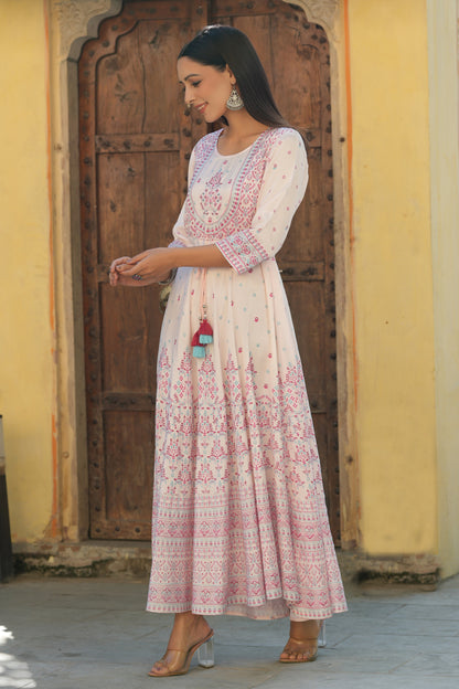 Pink Viscose Shantoon Festive Printed Flared Dress