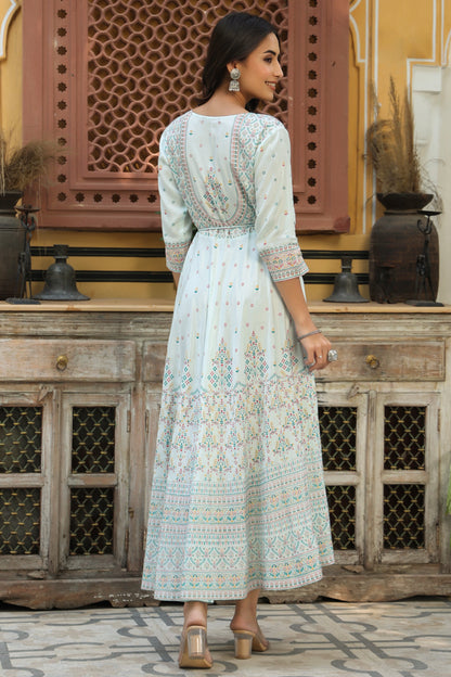 Skyblue Viscose Shantoon Festive Printed Flared Dress