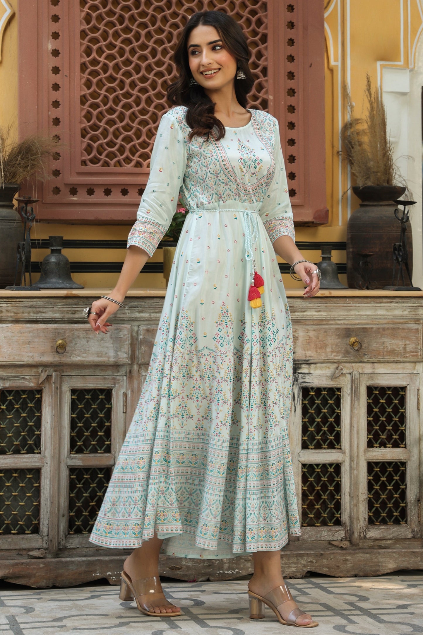 Skyblue Viscose Shantoon Festive Printed Flared Dress