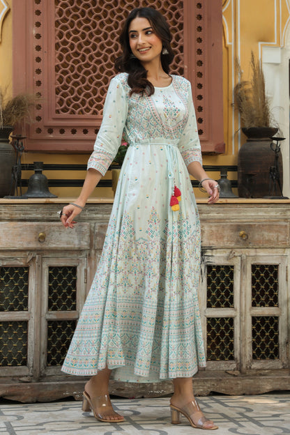 Skyblue Viscose Shantoon Festive Printed Flared Dress