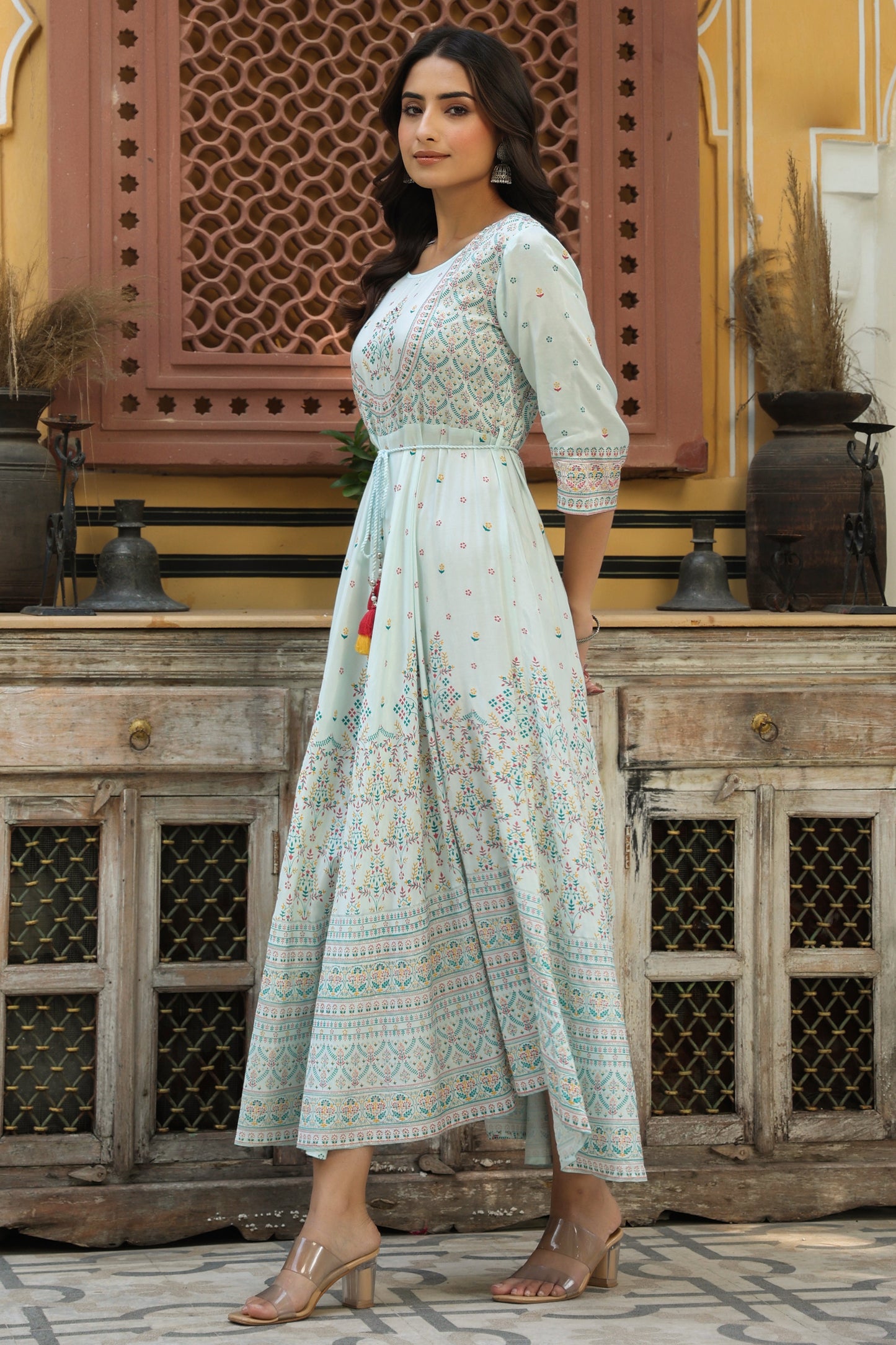 Skyblue Viscose Shantoon Festive Printed Flared Dress