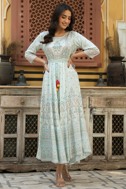 Skyblue Viscose Shantoon Festive Printed Flared Dress