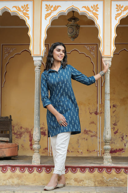 Navy Cotton Flex Printed Straight Kurta