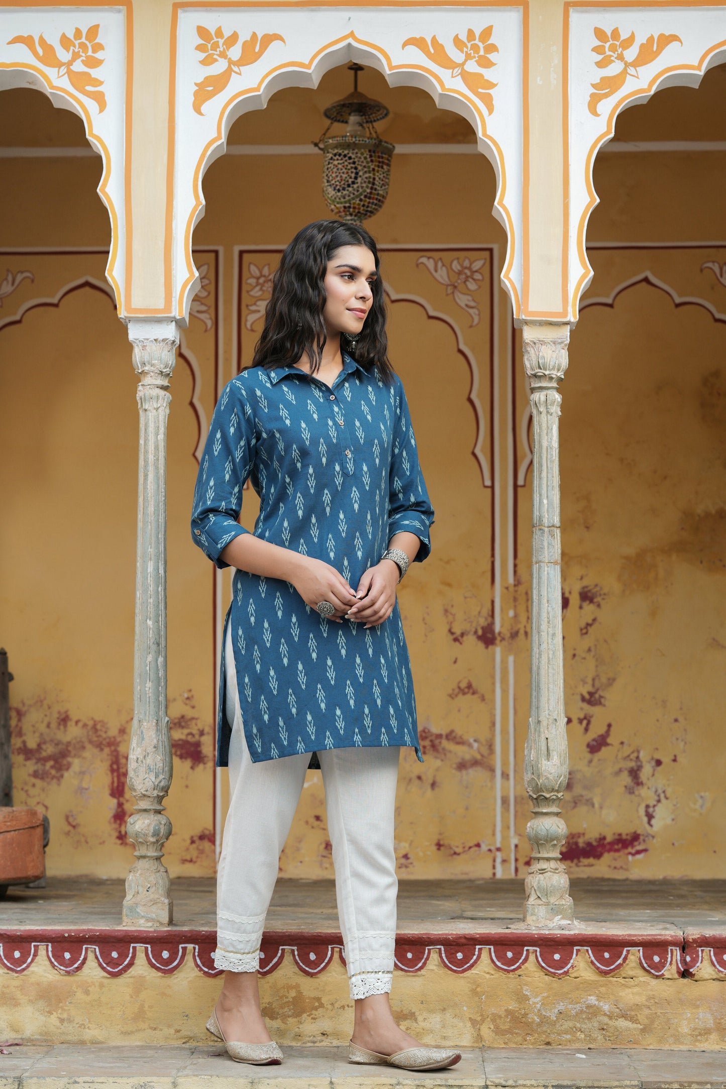 Navy Cotton Flex Printed Straight Kurta