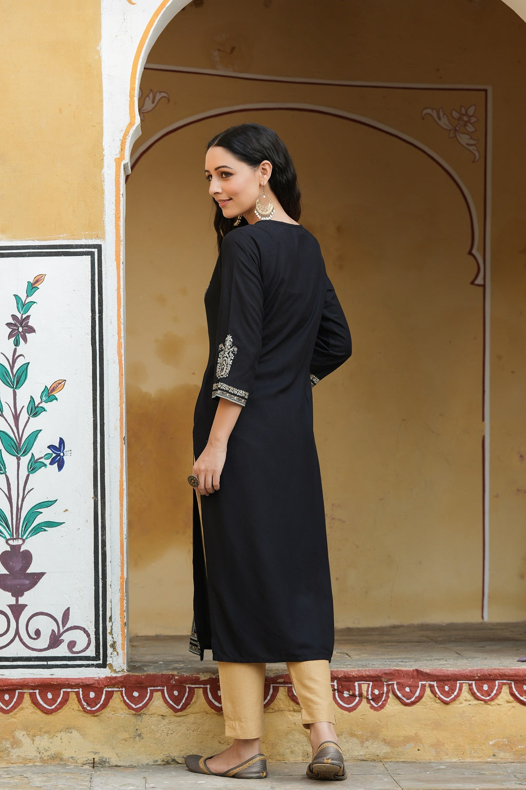 Black Rayon Printed Straight Kurta