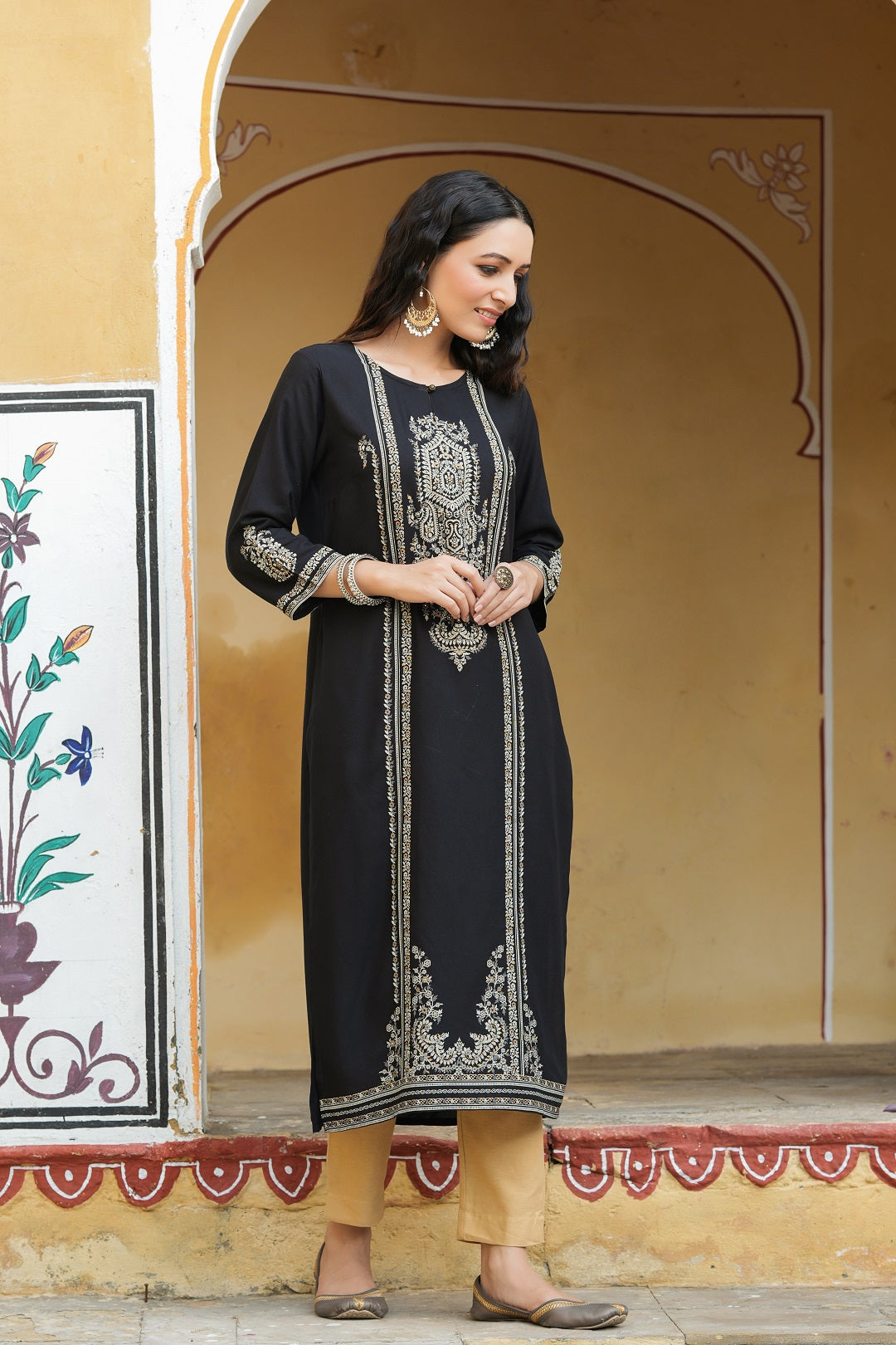 Black Rayon Printed Straight Kurta