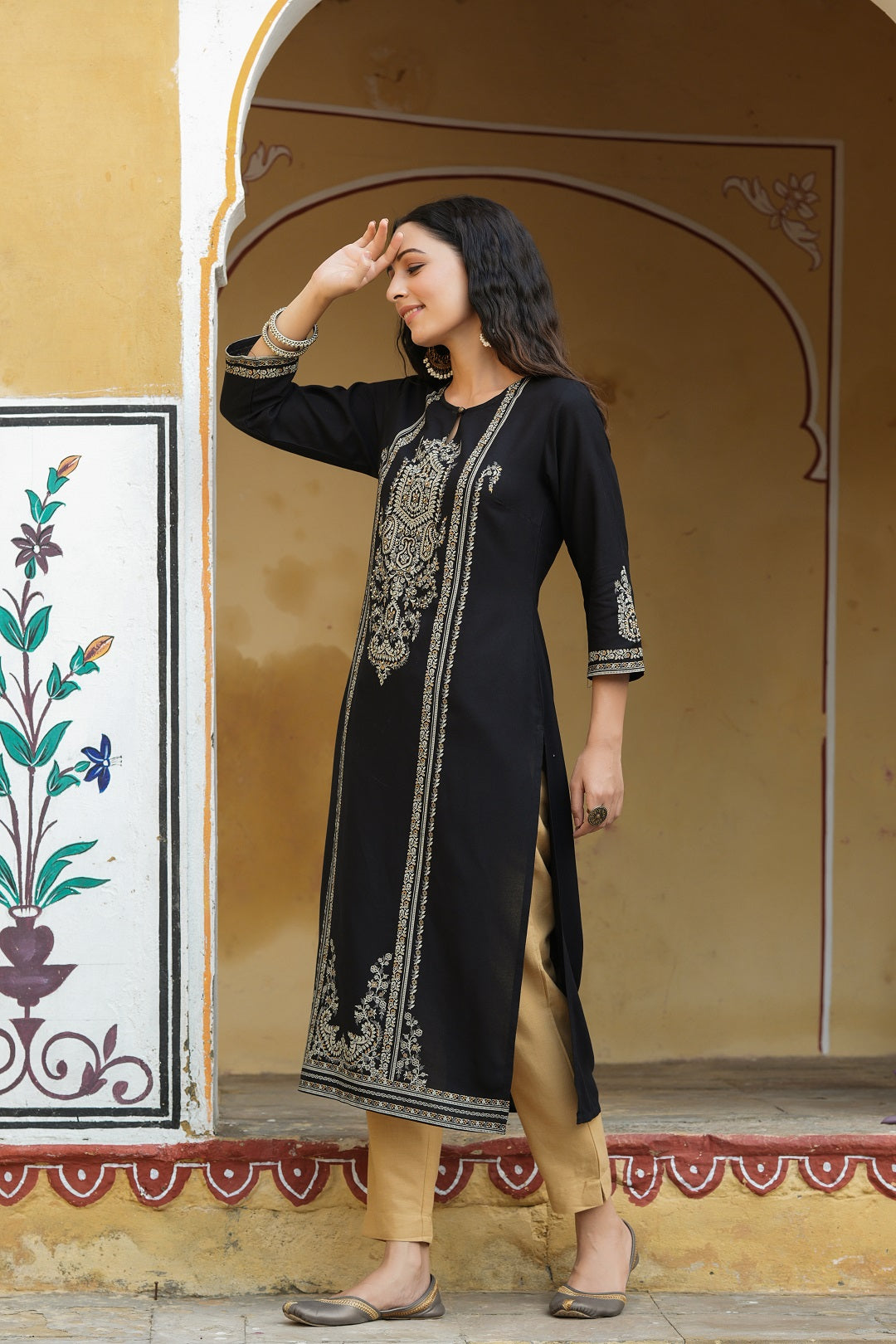 Black Rayon Printed Straight Kurta