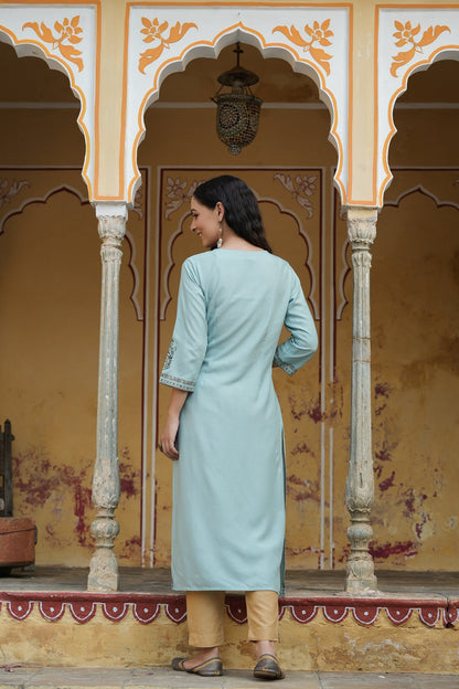 Sage Green Rayon Printed Straight Kurta