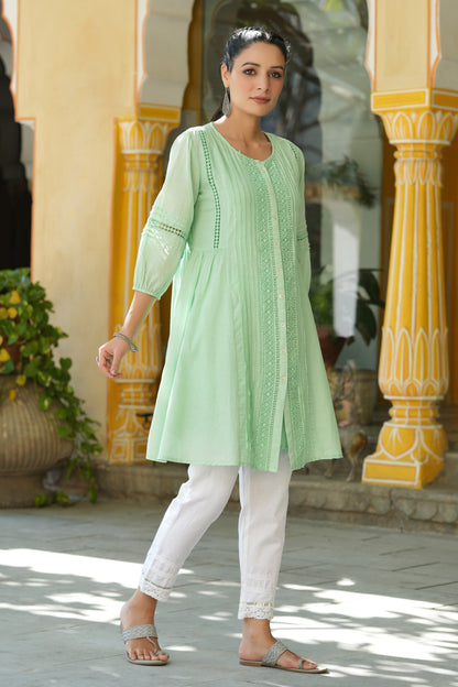Green Cotton Silk Solid A-Line Kurta