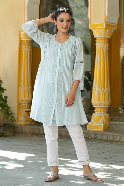 Sky Blue Cotton Silk Solid A-Line Kurta