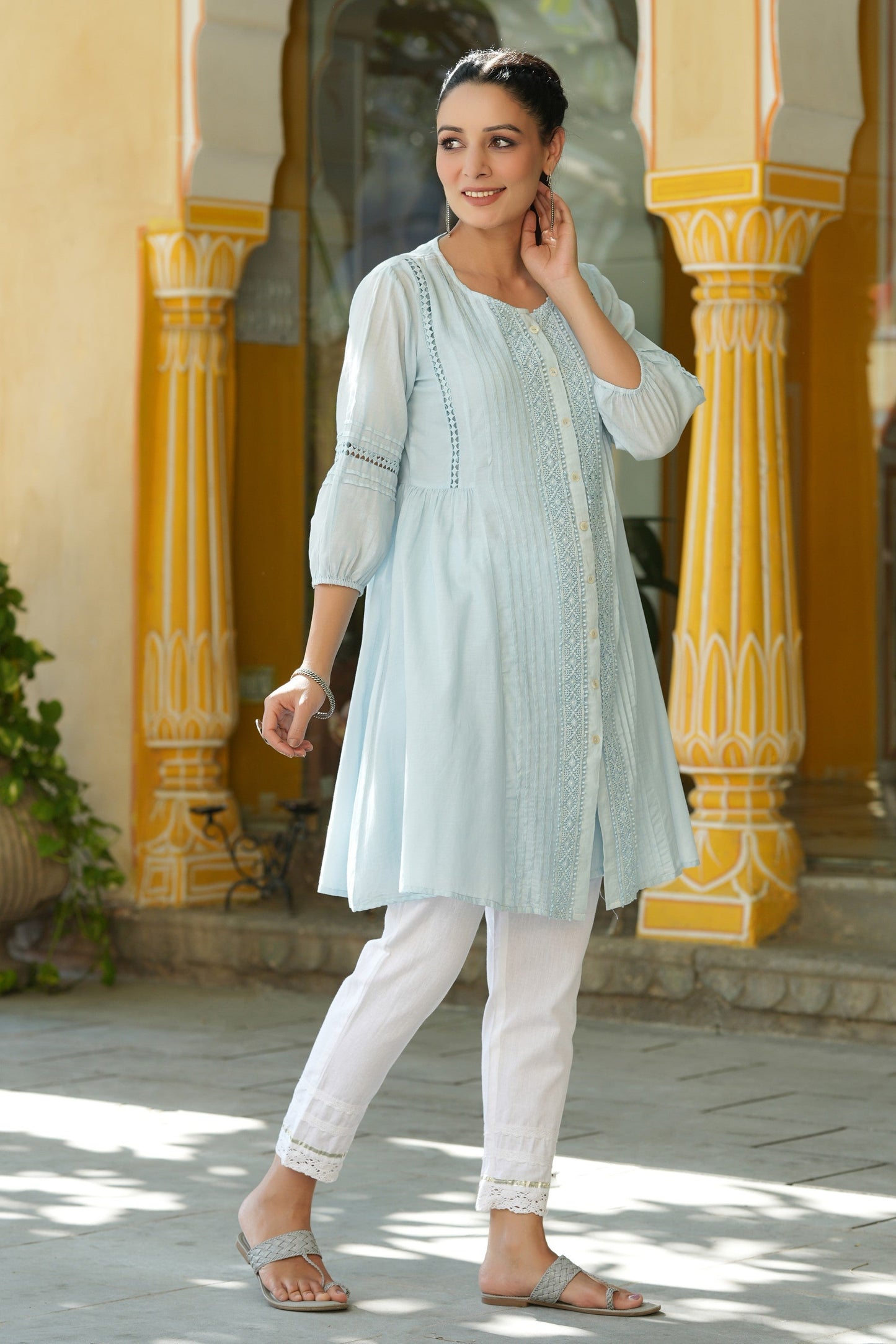 Sky Blue Cotton Silk Solid A-Line Kurta