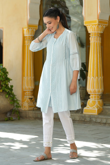 Sky Blue Cotton Silk Solid A-Line Kurta