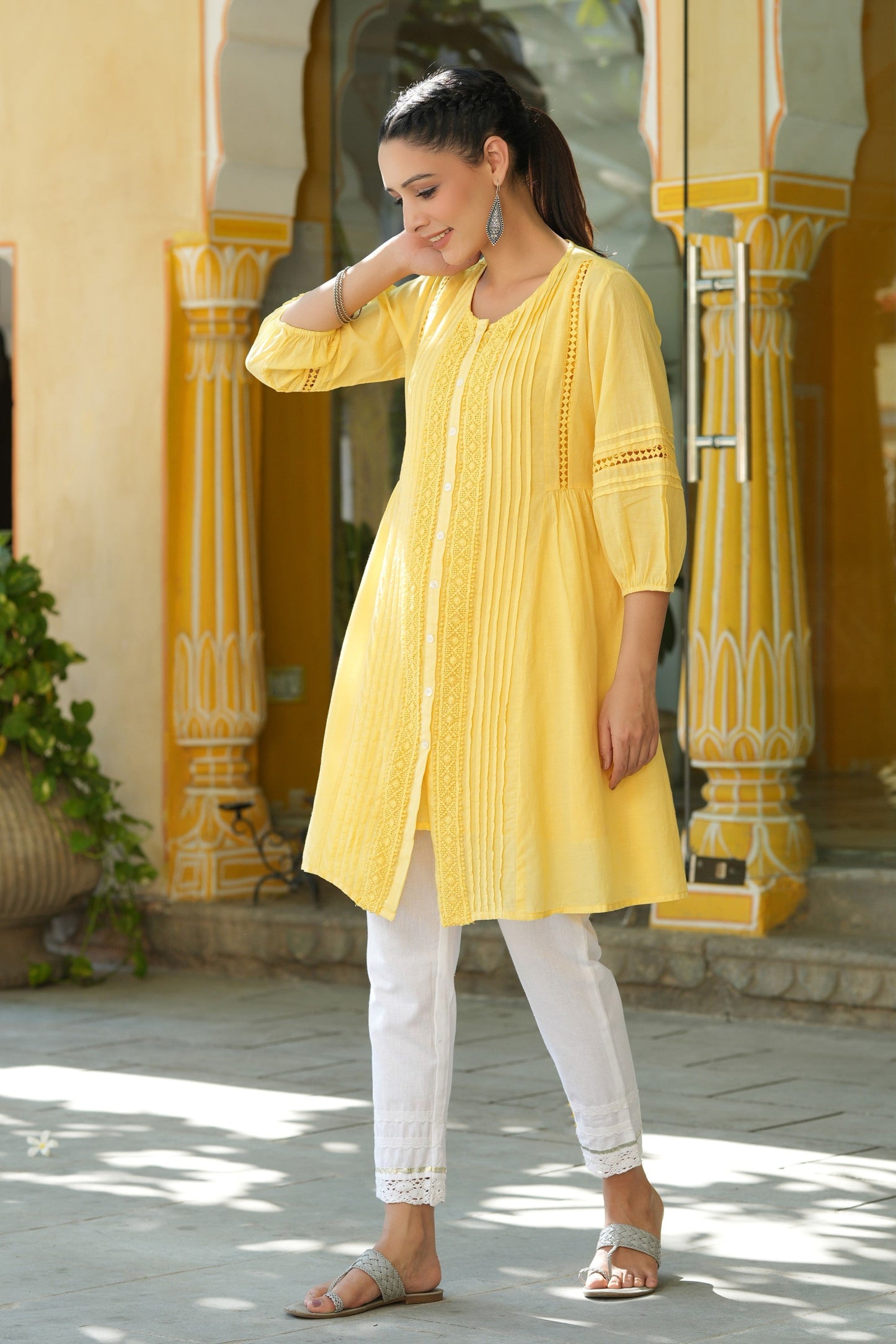 Yellow Cotton Silk Solid A-Line Kurta