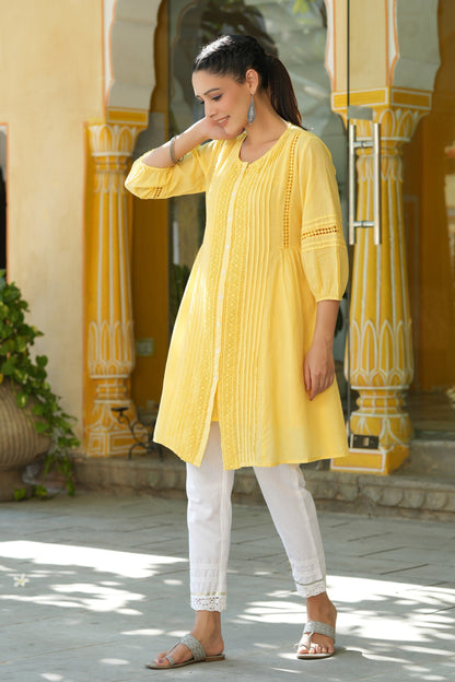 Yellow Cotton Silk Solid A-Line Kurta