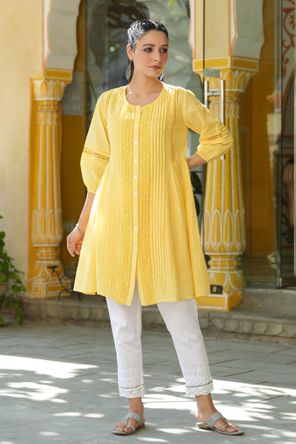 Yellow Cotton Silk Solid A-Line Kurta