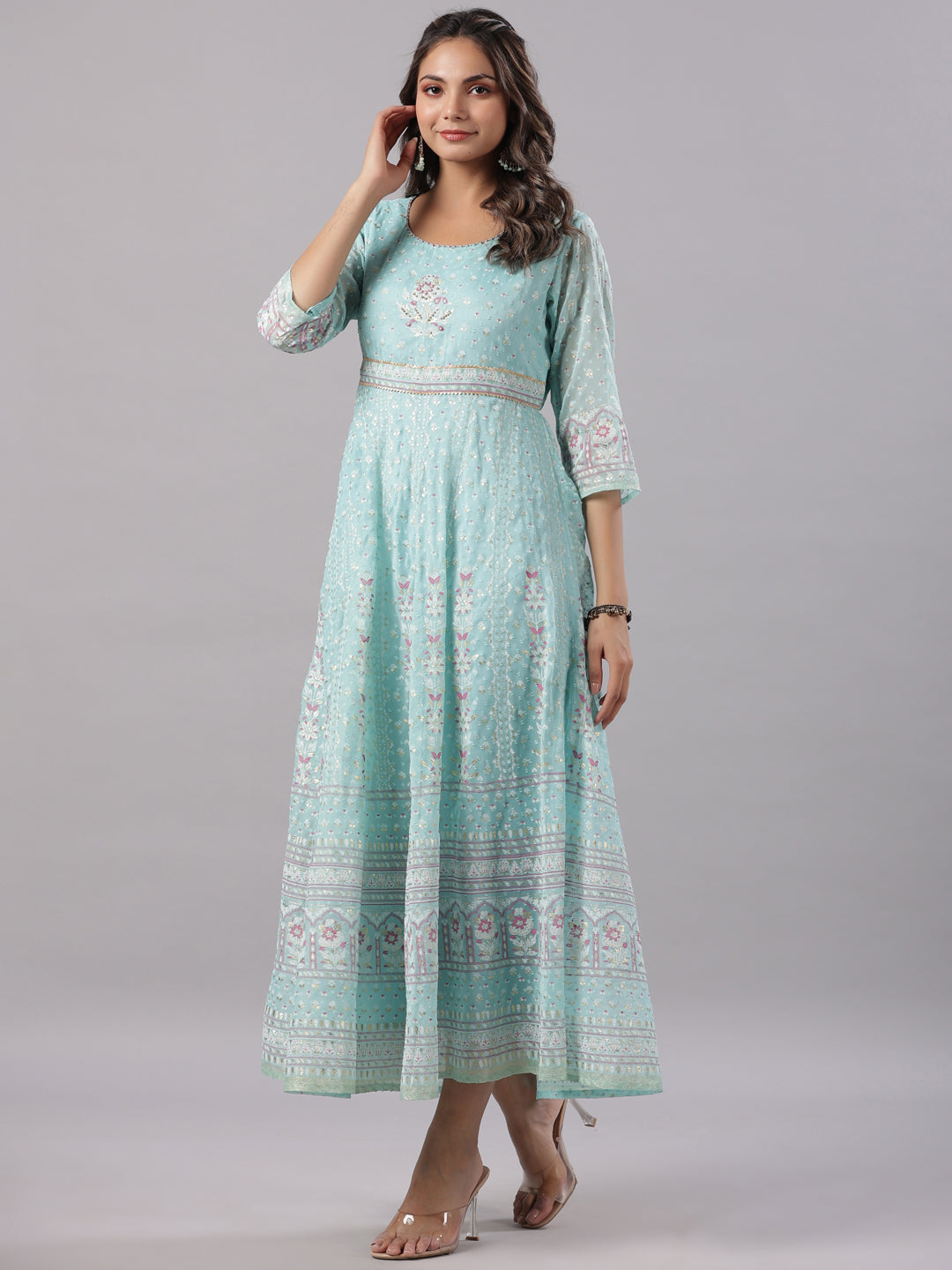 Sky-Blue Cotton Dobby Printed Flared Maxi Dress