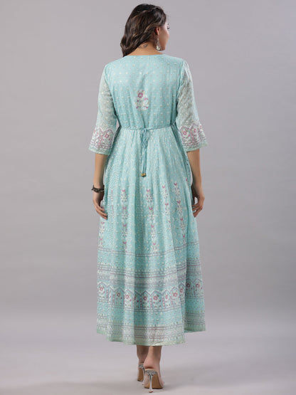 Sky-Blue Cotton Dobby Printed Flared Maxi Dress